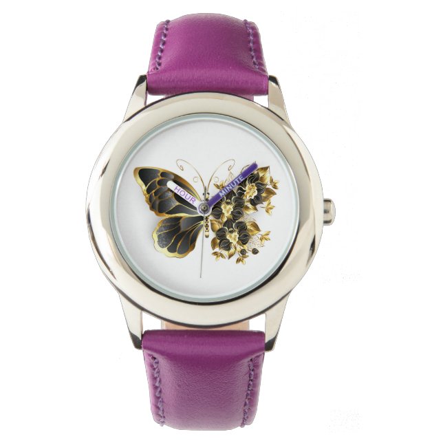 Relógio Borboleta Flor Dourada com Orquídea Preta (Frente)