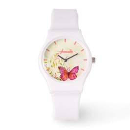 Relógio Borboleta Rosa e Personalizada Floral