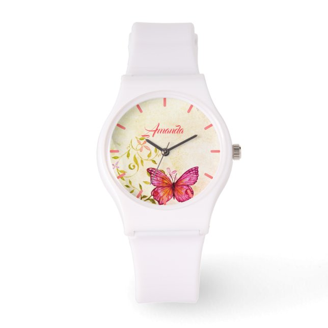 Relógio Borboleta Rosa e Personalizada Floral (Frente)
