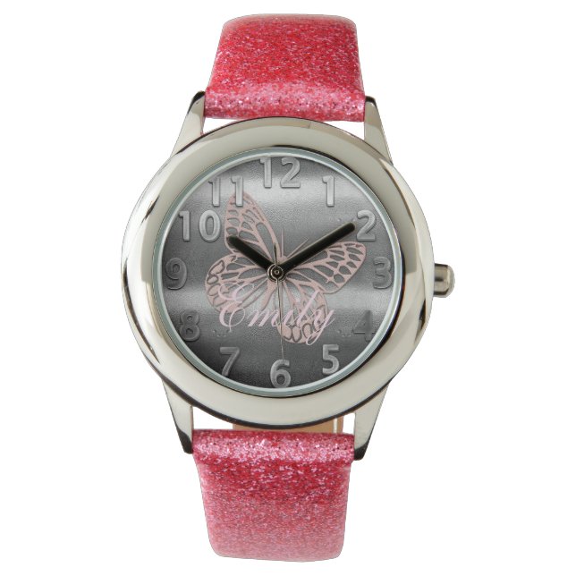 Relógio Borboleta Rosa-Rosa-Chic Silver Cócica Adicionar N (Frente)