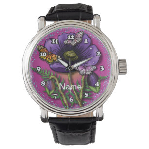 Relógio Borboleta Roxo Flores de papoila