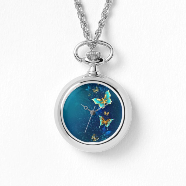 Relógio Borboletas de ouro em um fundo azul (Frente)