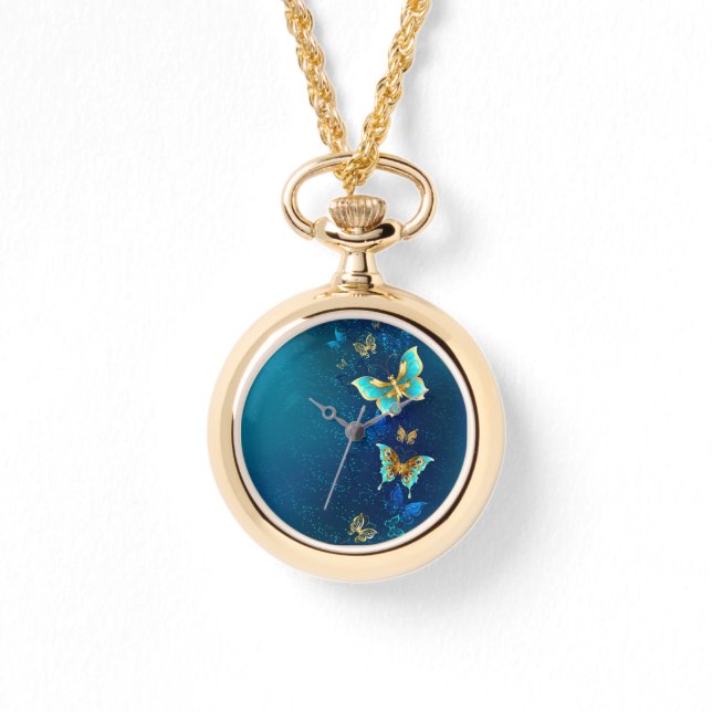 Relógio Borboletas de ouro em um fundo azul (Frente)