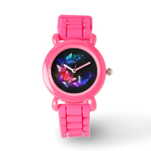 Relógio Borboletas Neon Night brilhantes sobre fundo preto