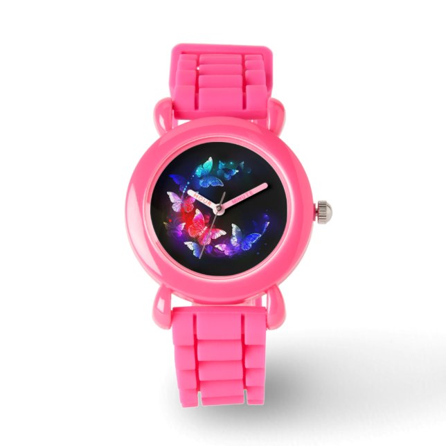 Relógio Borboletas Neon Night brilhantes sobre fundo preto (Frente)