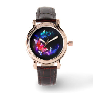 Relógio Borboletas Neon Night brilhantes sobre fundo preto