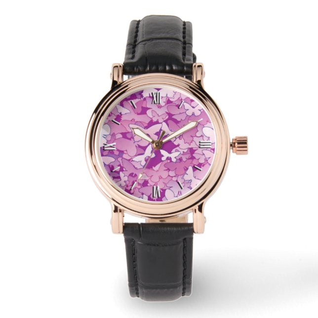 Relógio Borboletas, roxo, lavanda, rosa (Frente)