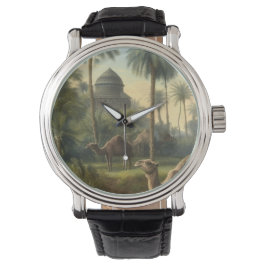 Relógio Botânica: dromedários na selva perto de um rio