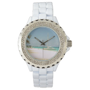 Relógio branco do esmalte com design da praia