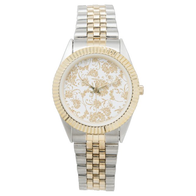 Relógio Branco Floral Elegante Dourado (Frente)