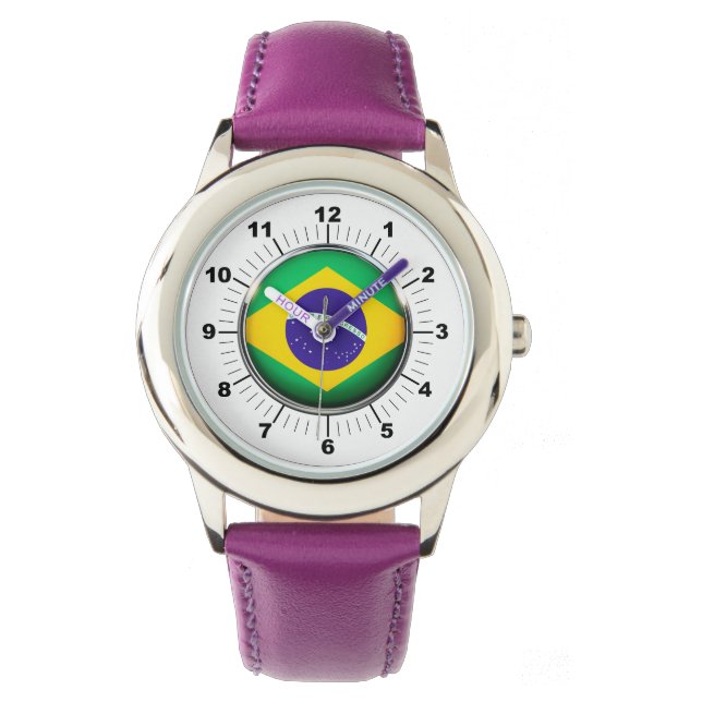 Relógio Brasil: Bandeira do Brasil com couro roxo (Frente)