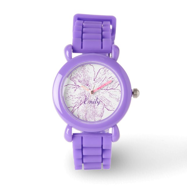 Relógio Bright Purple Silicone Floral Kids Personalized (Frente)
