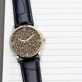Relógio Brown Leopard Print Minimalist Analog Roman Numera