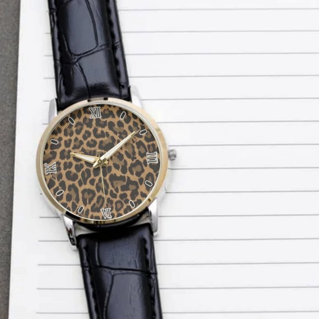 Relógio Brown Leopard Print Minimalist Analog Roman Numera (Criador carregado)