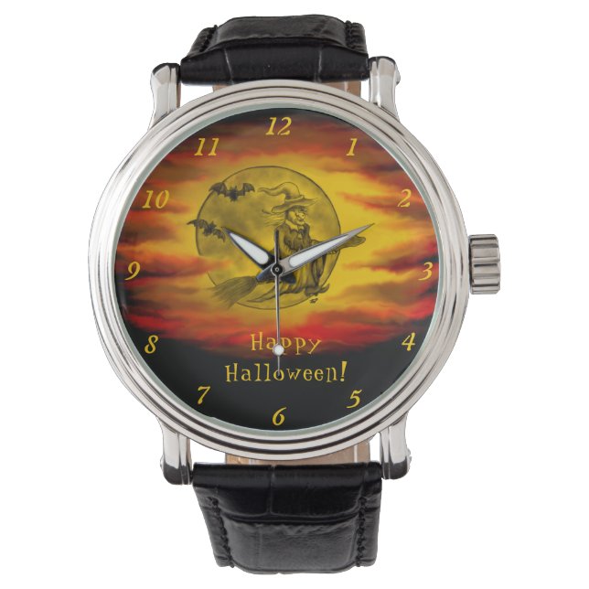 Relógio bruxa voadora com gato preto, noite de halloween (Frente)