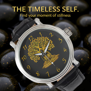 Relógio Buda ouro sob uma árvore em meditação pacífica