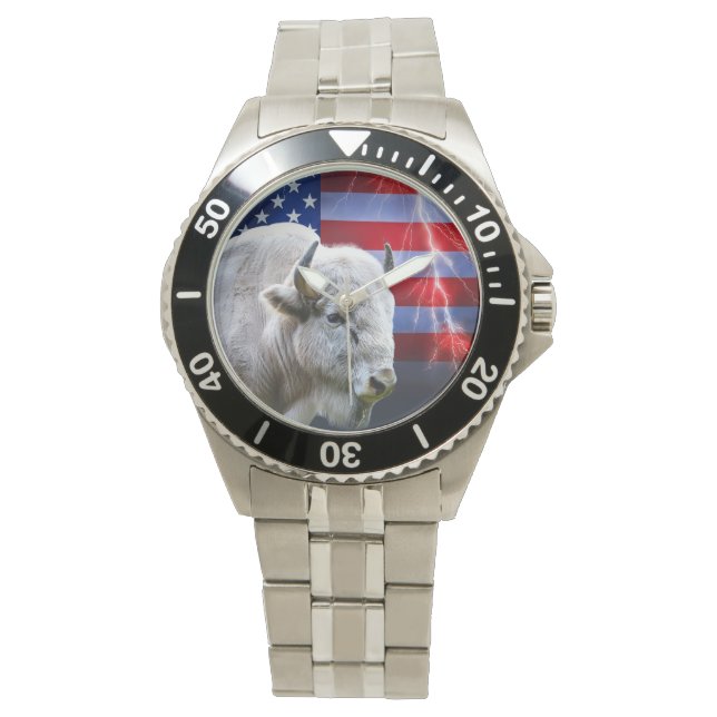 Relógio Buffalo Branco Com Bandeira Americana E Relâmpagos (Frente)