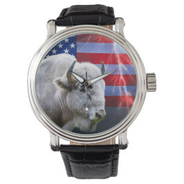 Relógio Buffalo Branco Com Bandeira Americana E Relâmpagos