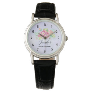 Relógio Buquê de Flor de Aquarela Rosa Elegante