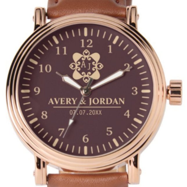 Relógio Burgundy luxury elegant couple Monogram  (Criador carregado)