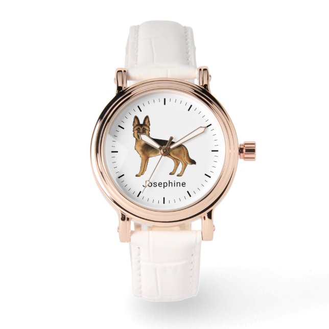 Relógio Cachorro German shepherd Preto E Tano Com Nome Per (Frente)