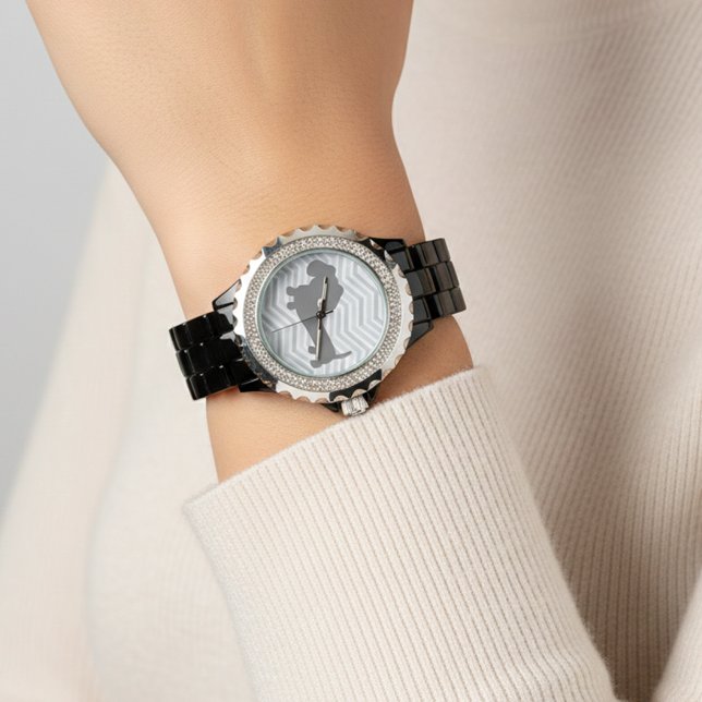 Relógio Cachorros do Wiener Vigia Tendências de Cinzas (Dachshund watch - gray designs on a black and blingy band.)