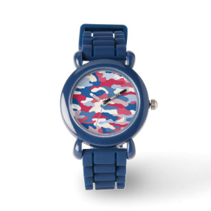 Relógio Camuflagem Azul e Branco Vermelho
