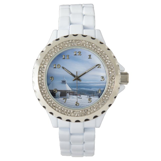 Relógio Capela na Montanha da Neve dos Alpes (Frente)