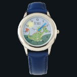 Relógio Cartografia de Dragão Verde-Meninos com Nome<br><div class="desc">Este lindo e azul moderno observatório mostra um adorável dragão verde ao sol, e tem espaço para você adicionar seu nome aos garotos. Com números claros e facilmente legíveis, este 'primeiro' relógio é excelente para crianças ou crianças apenas começando a aprender o tempo. O design perfeito para o seu pequeno...</div>