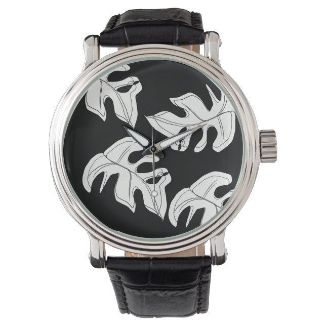 Relógio Casamento Botânico Monstera Preto Branco (Frente)