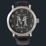 Relógio Casamento do Melhor Homem com Nome Monograma Perso<br><div class="desc">Este relógio único foi desenhado como um presente para o teu Melhor Homem. Apresenta o monograma / inicial; primeiro nome e data do casamento. Há até uma única camada do monograma — olhem de perto e verão três cores, o que lhe dá a sensação de profundidade. Uma maneira especial de...</div>