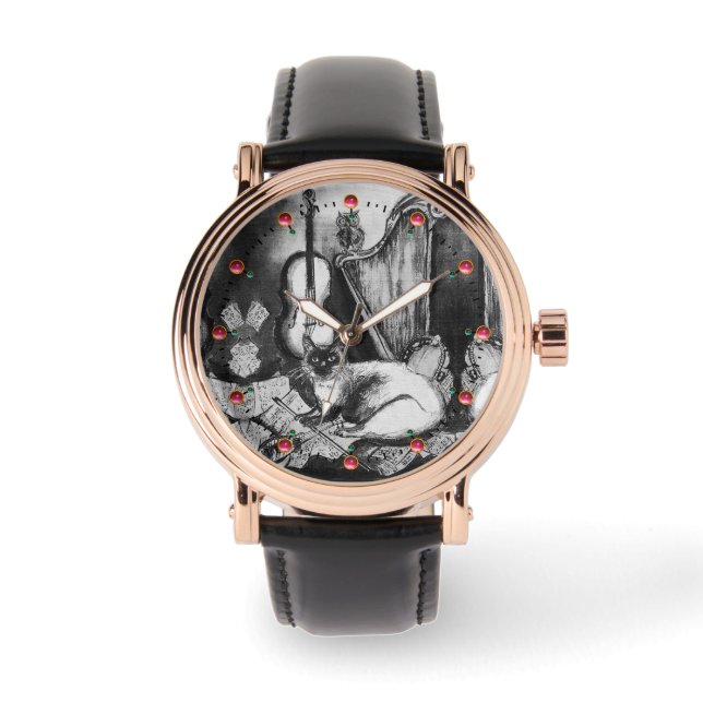 Relógio CAT MUSICAL,OWL,VIOLIN,HARP Black White Red Music (Frente)