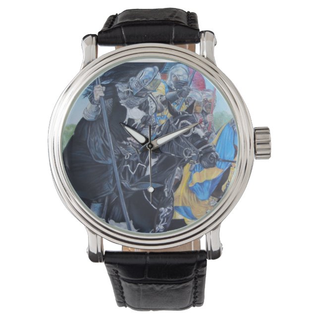 Relógio cavaleiros medievais históricos a jorrar em cavalo (Frente)