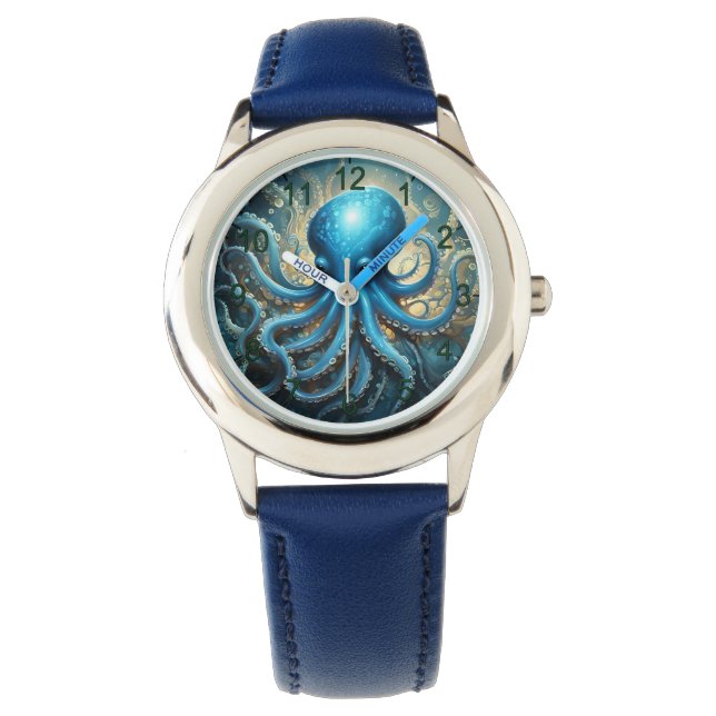 Relógio Celestial Waves: Blue Octopus Fractal Art,  (Frente)