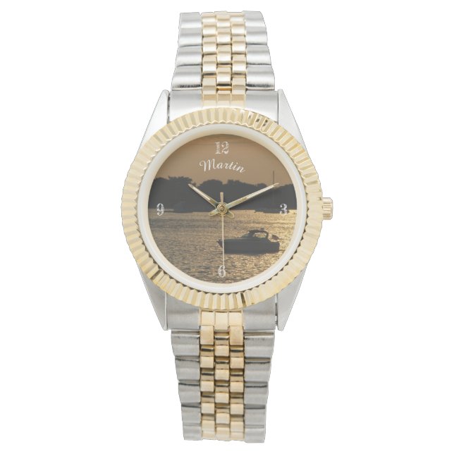 Relógio Cena de barco do porto no final da tarde com tons  (Frente)