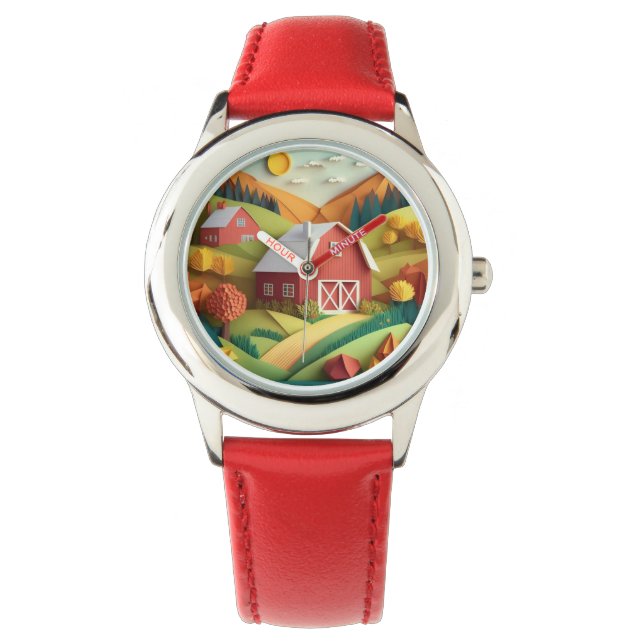 Relógio Cena de Farmhouse do Estilo de Origami de Arte em  (Frente)