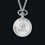Relógio Chaveiro de Monograma e Nome de Script Personaliza<br><div class="desc">Monograma Personalizado e Dif de Nome apresentam monograma personalizado no estilo de fonte do script clássico da cinza e nome no estilo de fonte da serif clássica da cinza em fundo de mármore branco. Perfeito como presentes de férias, reunião familiar favorece e para quaisquer ocasiões especiais. Observe que os detalhes...</div>