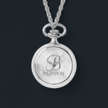 Relógio Chaveiro de Monograma e Nome de Script Personaliza<br><div class="desc">Monograma Personalizado e Dif de Nome apresentam monograma personalizado no estilo de fonte do script clássico da cinza e nome no estilo de fonte da serif clássica da cinza em fundo de mármore branco. Perfeito como presentes de férias, reunião familiar favorece e para quaisquer ocasiões especiais. Observe que os detalhes...</div>