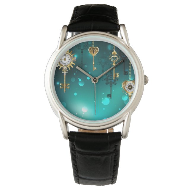 Relógio Chaves de Esqueleto Anticas em Fundo Verde (Frente)