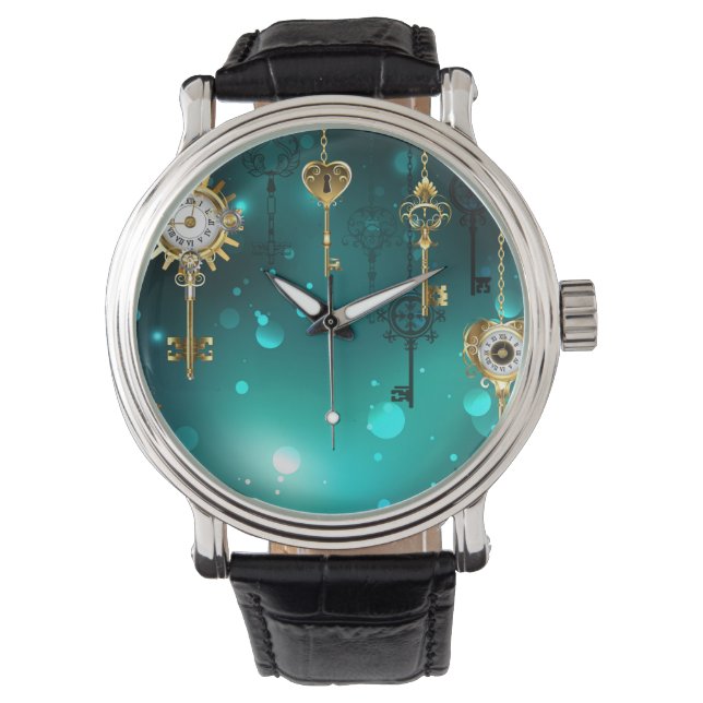 Relógio Chaves de Esqueleto Anticas em Fundo Verde (Frente)