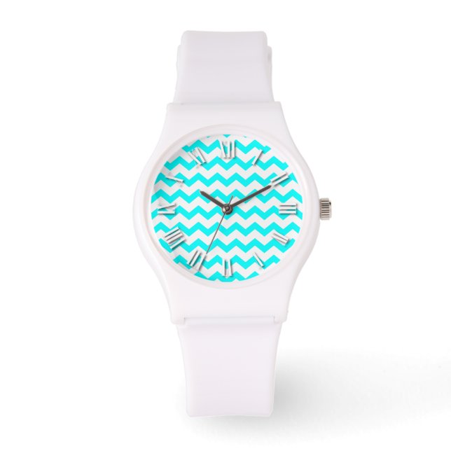 Relógio Chevron Aqua Teal e ZigZag Zig Zags Brancos (Frente)
