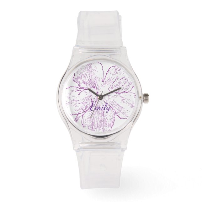Relógio Chic Clear Silicone Purple Floral Line Art  (Frente)
