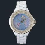 Relógio *~* Chic Watercolor Beach Sea Jelly Fish Star Fish<br><div class="desc">Star Fish Jelly Fish Dourado Glitter Purple Glitter Blue Glitter Símbolos de praia como borbulhante na moda azul-abstrato com algum fundo magenta estão decorando a face do relógio desta bonito mulher. O relógio tem uma banda esmalte branca e um rosto cercado por um pequeno diamante - como rochas. O peixe-estrela...</div>
