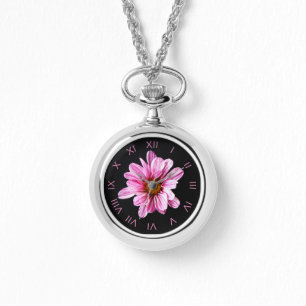 Relógio Chrysanthemum Flower Pink Roman Num Womens