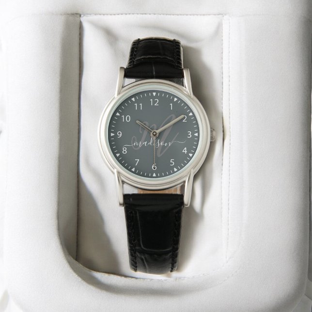 Relógio Cinza da Na moda da Trendy Monograma inicial e nom (Criador carregado)