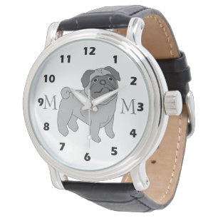 Relógio Cinza Pug Dog Design Monograma
