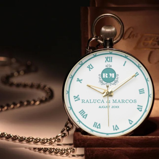 Relógio Classic Green & White Monogram Wedding Anniversary (Criador carregado)