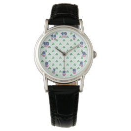 Relógio Clover Pattern Black Leather Watch with Classic Lo