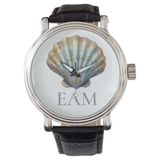 Relógio Coastal Blue Scallop Seashell Monogram (Frente)