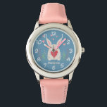 Relógio Coelhinho Branco Bonito Com Coração Personalizado<br><div class="desc">Coelho branco adorável segurando um coração vermelho com flores de primavera e corações cor-de-rosa.</div>